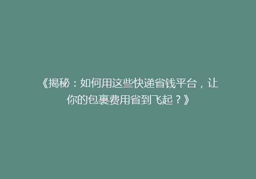 《揭秘：如何用这些快递省钱平台，让你的包裹费用省到飞起？》
